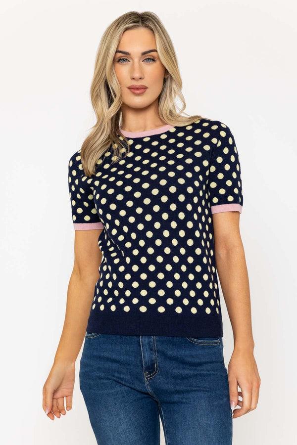 Carraig Donn Navy & Yellow Polka Dot Short Sleeve Knit Top