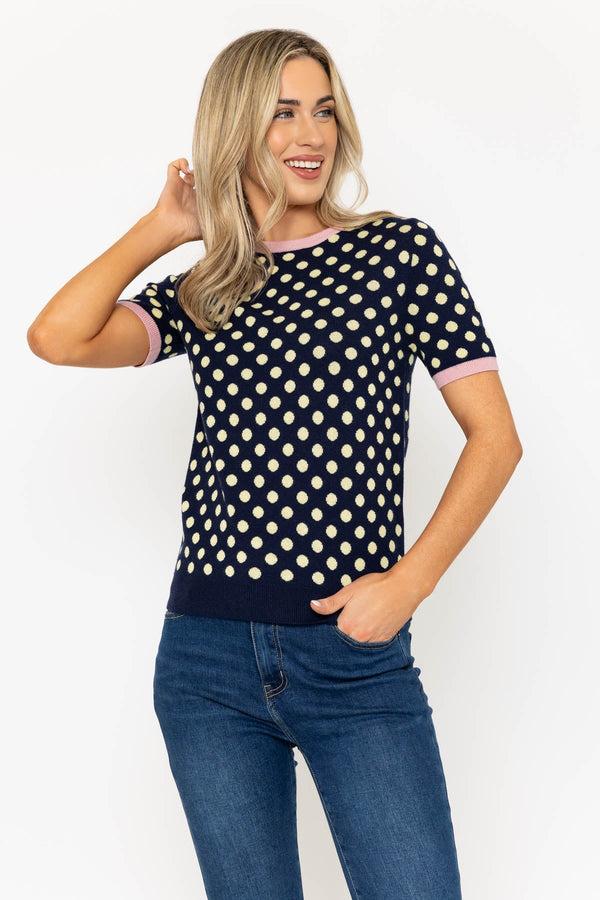 Carraig Donn Navy & Yellow Polka Dot Short Sleeve Knit Top