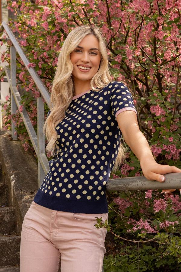 carraig donn Navy & Yellow Polka Dot Short Sleeve Knit Top