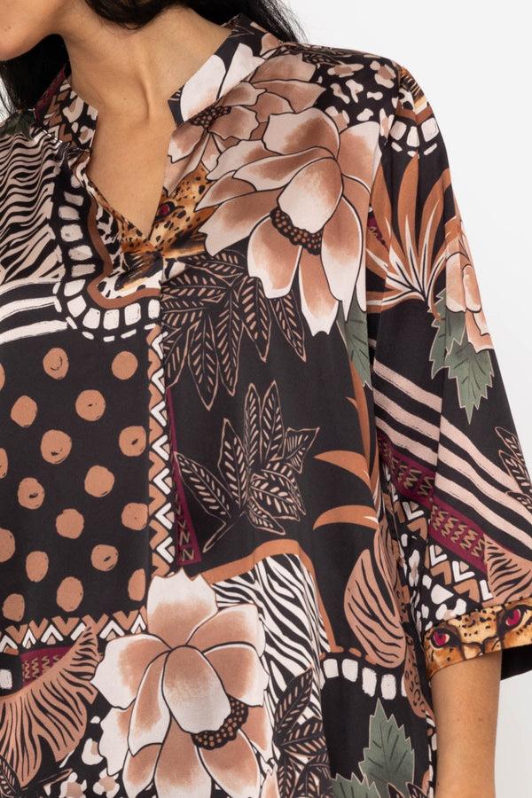 Carraig Donn Olivia 3/4 Sleeve Length Sateen Top In Brown Print