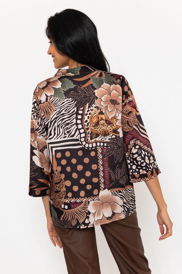 Carraig Donn Olivia 3/4 Sleeve Length Sateen Top In Brown Print