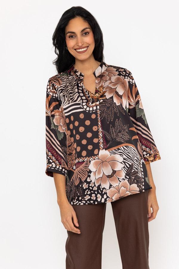 carraig donn Olivia 3/4 Sleeve Length Sateen Top in Brown Print