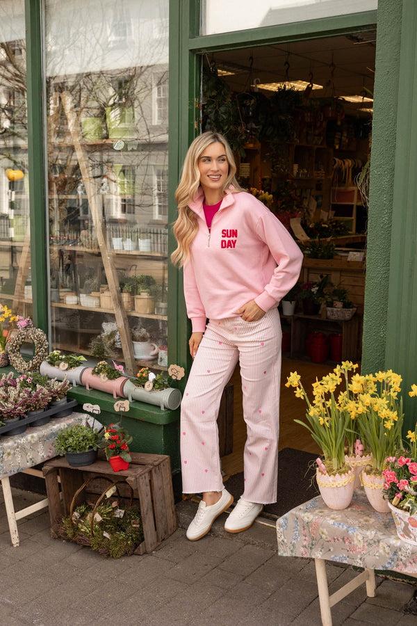 Carraig Donn Pink 1/4 Zip Sweatshirt With 'Sunday' Embroidery