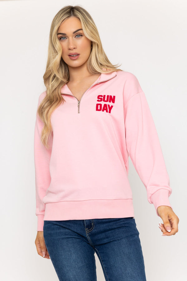 Carraig Donn Pink 1/4 Zip Sweatshirt With 'Sunday' Embroidery