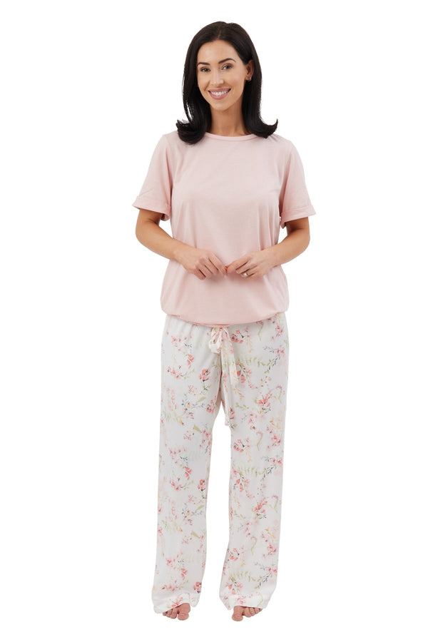 Carraig Donn Pink Floral Watercolour Satin & Jersey Pyjama Set
