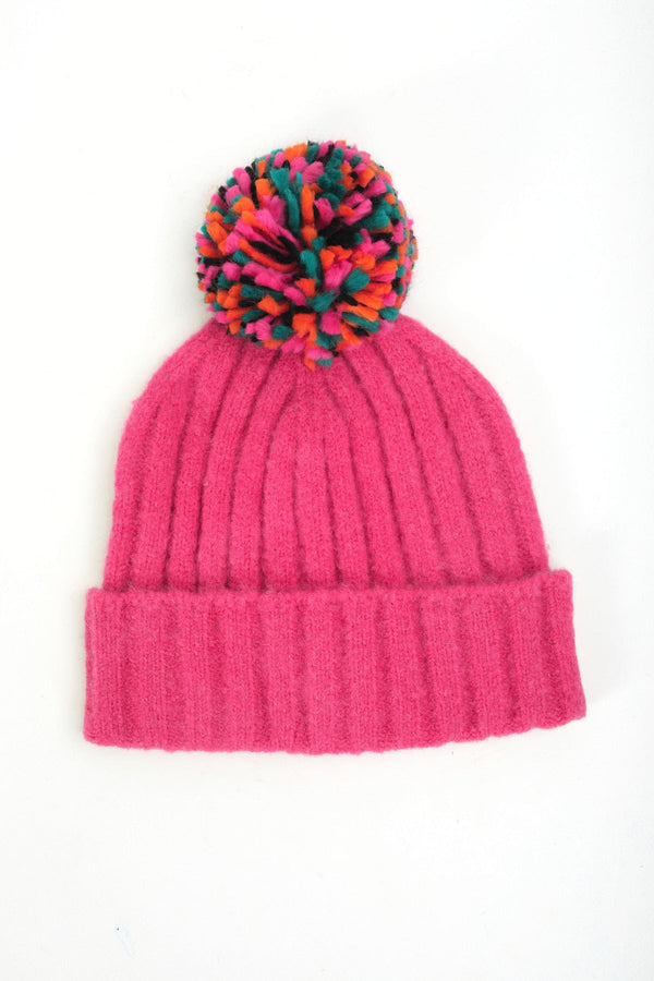 Carraig Donn Pink Ribbed Beanie With Multicolour Pom Pom
