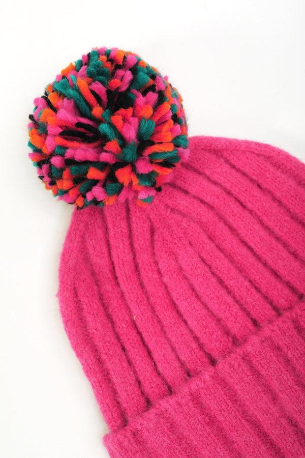 Carraig Donn Pink Ribbed Beanie With Multicolour Pom Pom