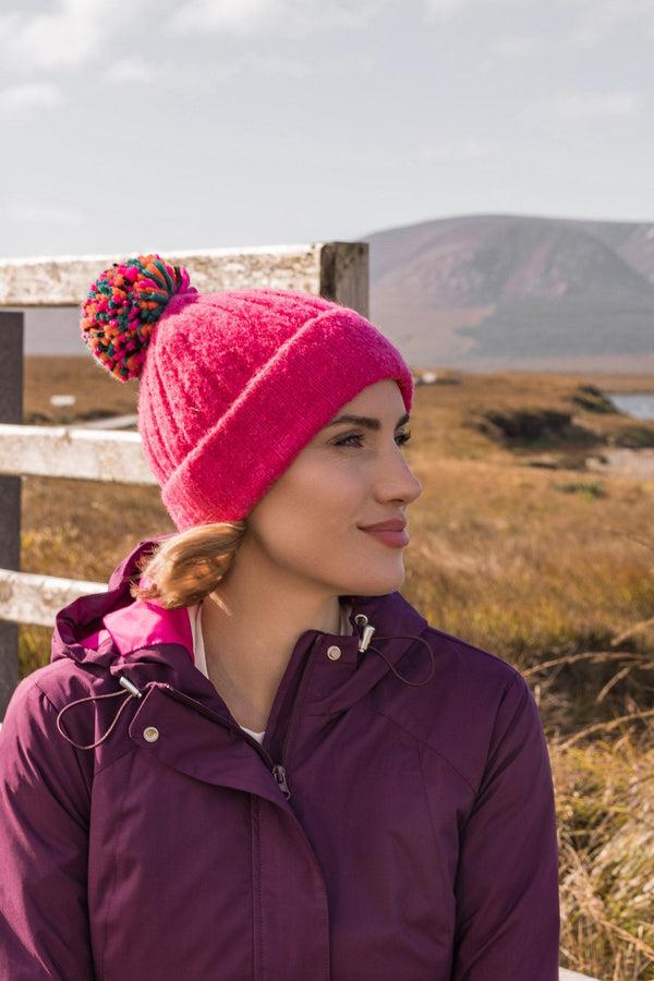 carraig donn Pink Ribbed Beanie with Multicolour Pom Pom