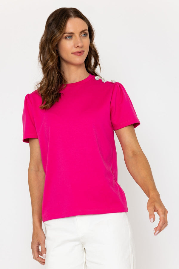 Carraig Donn Pink Top With Embellished Buttons On Shoulder
