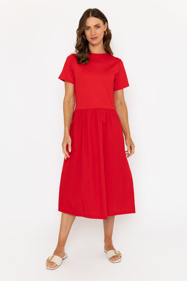 Carraig Donn Red Dress With Short Sleeves And Contrast Fabric Skirt
