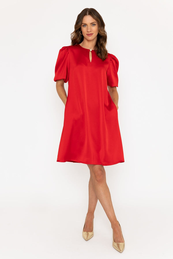 Carraig Donn Red Satin Puff Sleeve Knee Length Dress