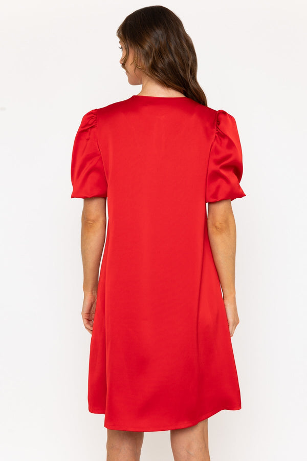 Carraig Donn Red Satin Puff Sleeve Knee Length Dress