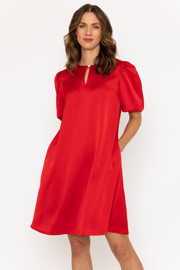 carraig donn Red Satin Puff Sleeve Knee Length Dress