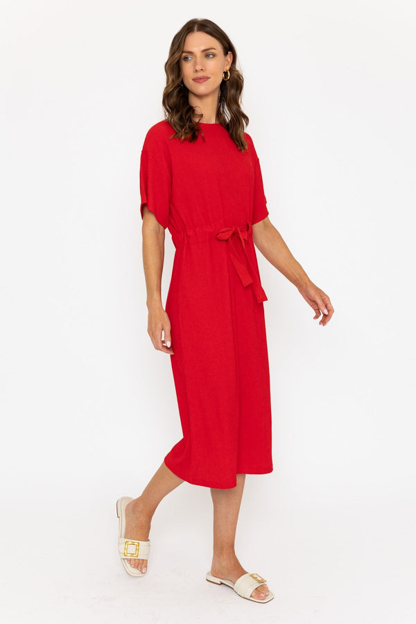 Carraig Donn Red Short Sleeve Midi Dress With Drawstring Waist