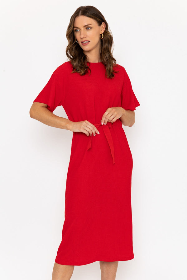 carraig donn Red Short Sleeve Midi Dress with Drawstring Waist