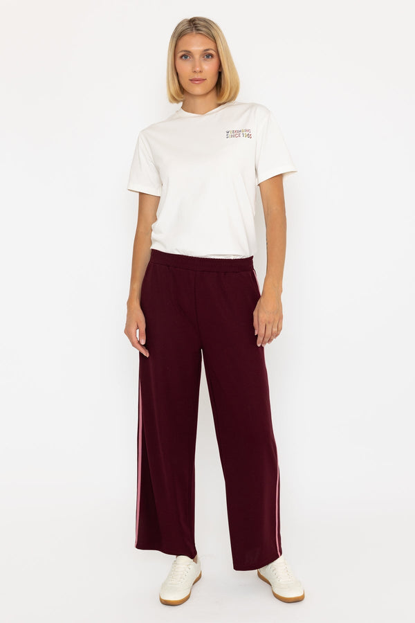Carraig Donn Relaxed Fit Burgundy Trousers With Side Stripe