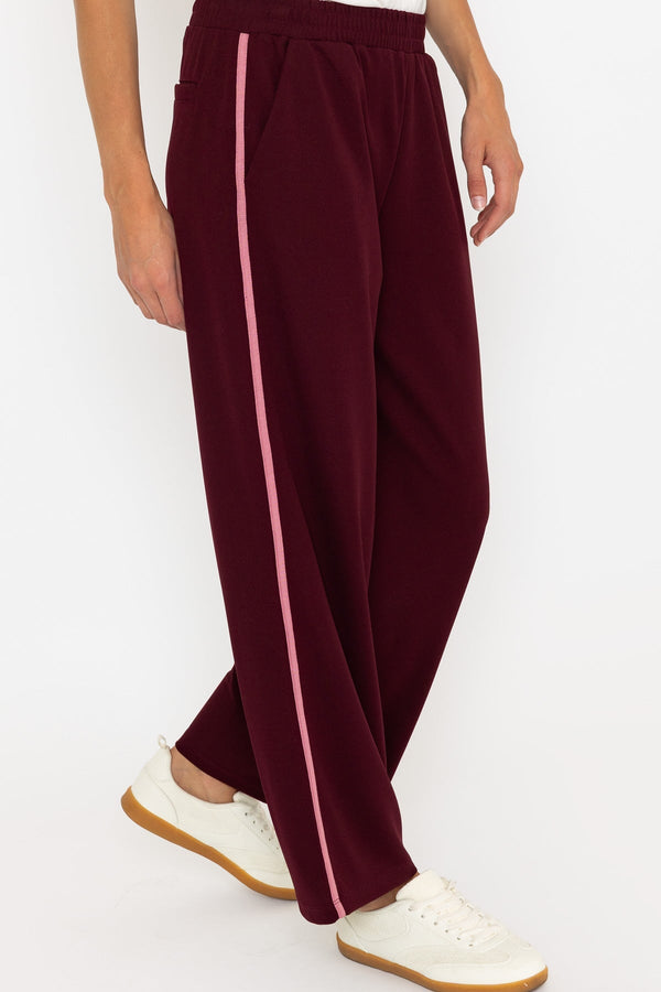Carraig Donn Relaxed Fit Burgundy Trousers With Side Stripe