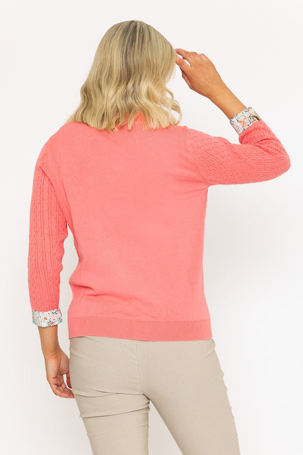 Carraig Donn Shirt Collar Cable Knit Jumper In Coral