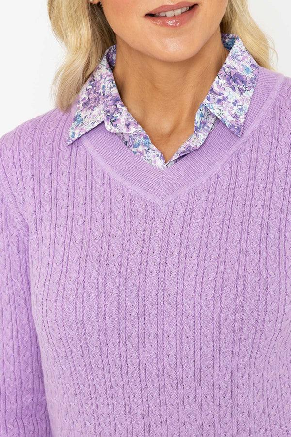 Carraig Donn Shirt Collar Cable Knit Jumper In Lilac