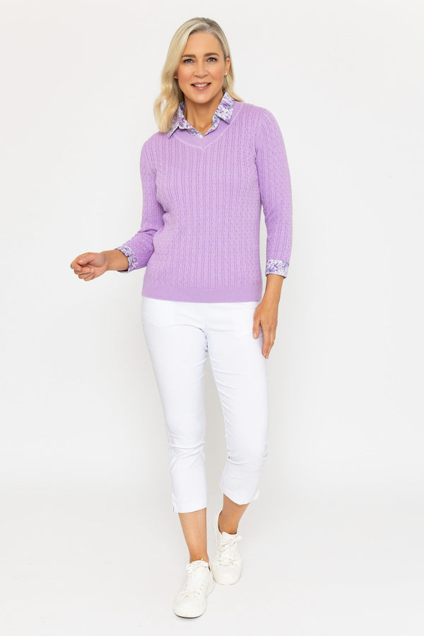 Carraig Donn Shirt Collar Cable Knit Jumper In Lilac