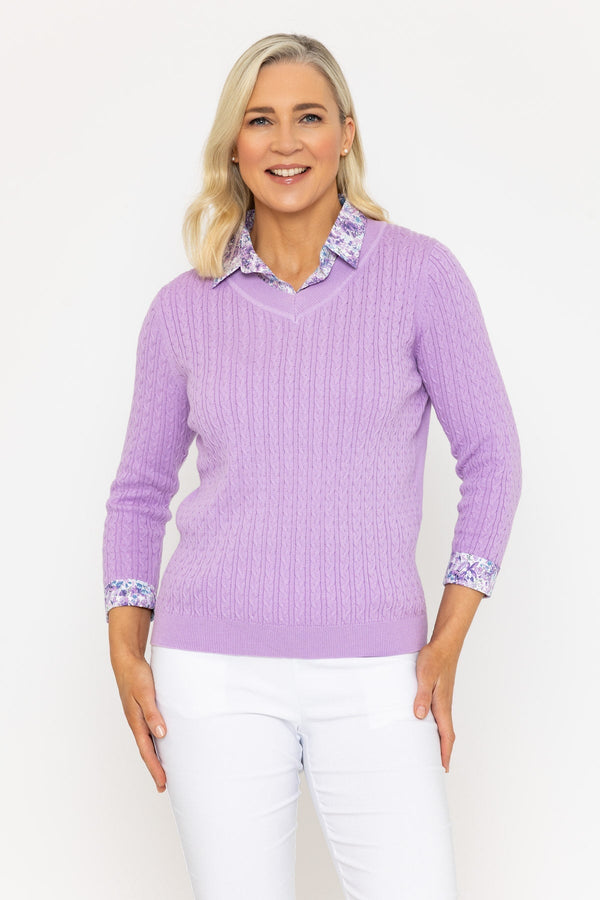 carraig donn Shirt Collar Cable Knit Jumper in Lilac