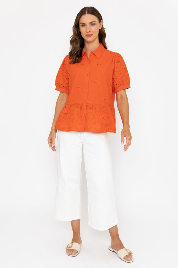 Carraig Donn Short Sleeve Broderie Anglaise Top In Orange