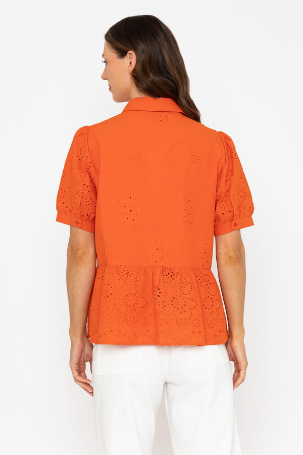 Carraig Donn Short Sleeve Broderie Anglaise Top In Orange