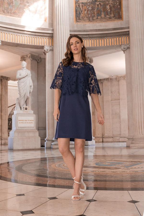 carraig donn Short Sleeve Detachable Lace Top Dress in Navy
