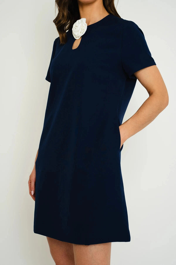 Carraig Donn Short Sleeve Dress With Removable Flower Brooch In Navy