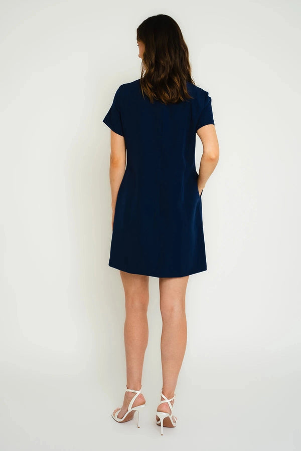 Carraig Donn Short Sleeve Dress With Removable Flower Brooch In Navy
