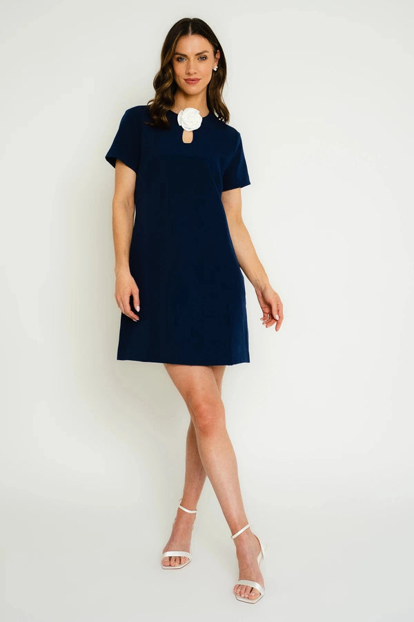 carraig donn Short Sleeve Dress With Removable Flower Brooch in Navy