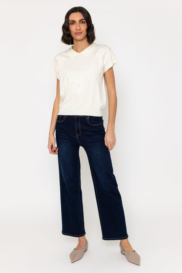 Carraig Donn Short Sleeve Embroidered Knit Top In Cream