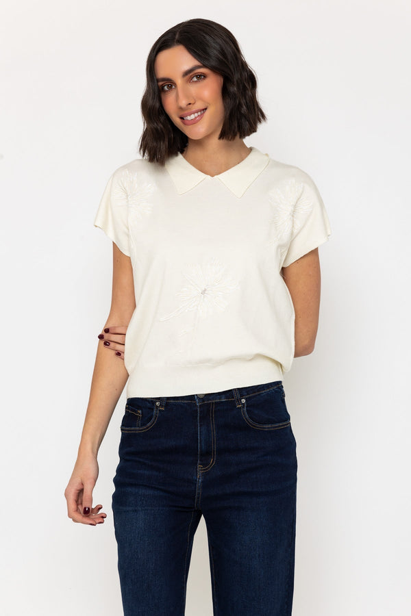 carraig donn Short Sleeve Embroidered Knit Top in Cream