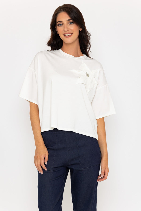 Carraig Donn Short Sleeve Flower Detail T-Shirt In Ecru