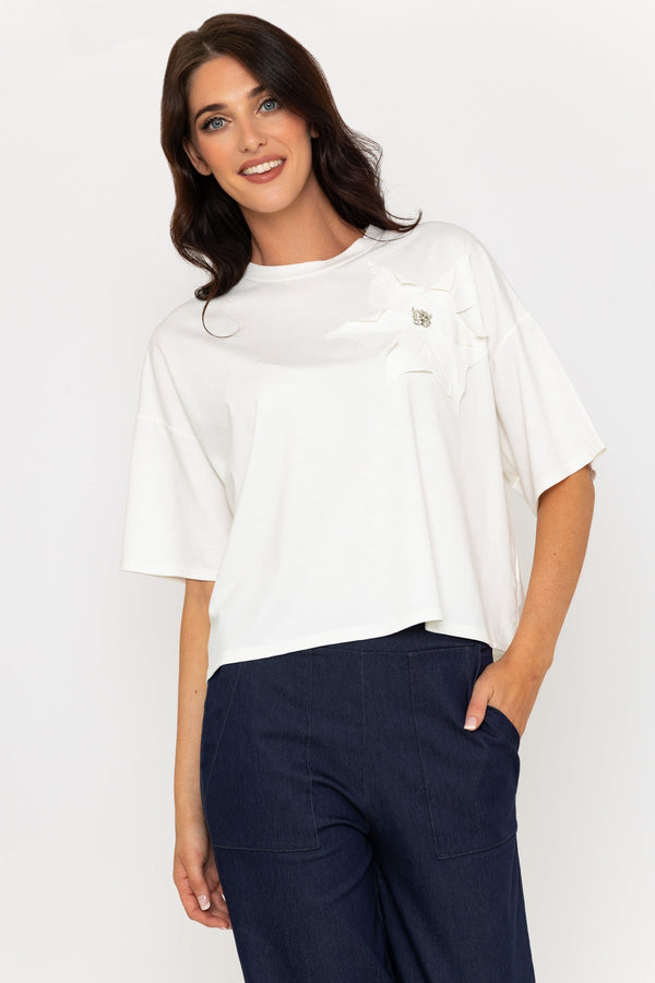 carraig donn Short Sleeve Flower Detail T-Shirt in Ecru