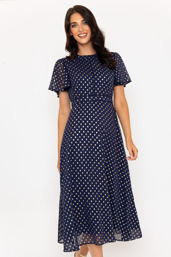Carraig Donn Short Sleeve Foil Polka Dot Midi Dress In Navy