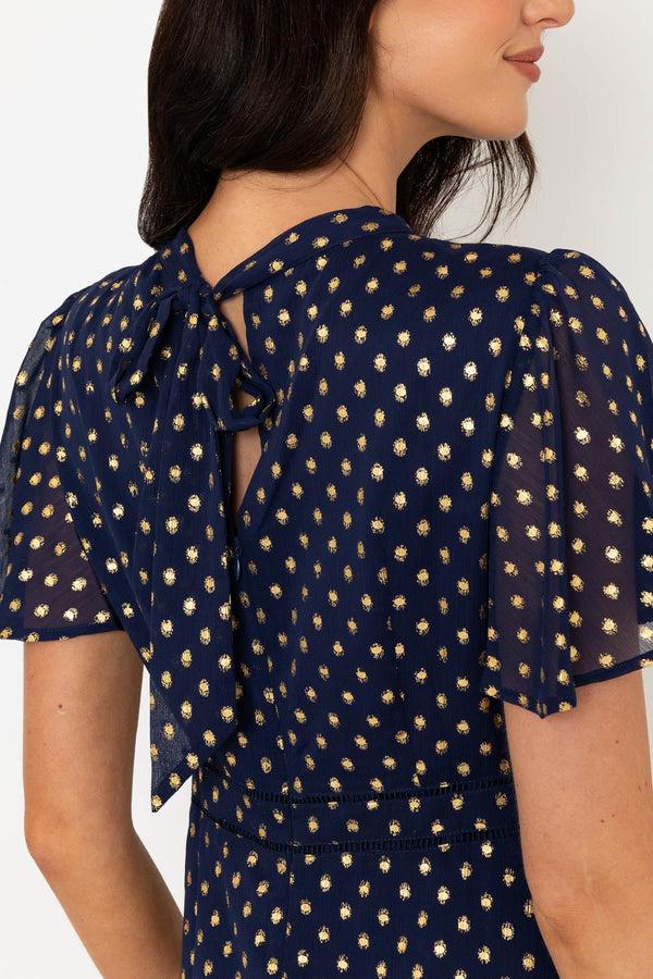 Carraig Donn Short Sleeve Foil Polka Dot Midi Dress In Navy
