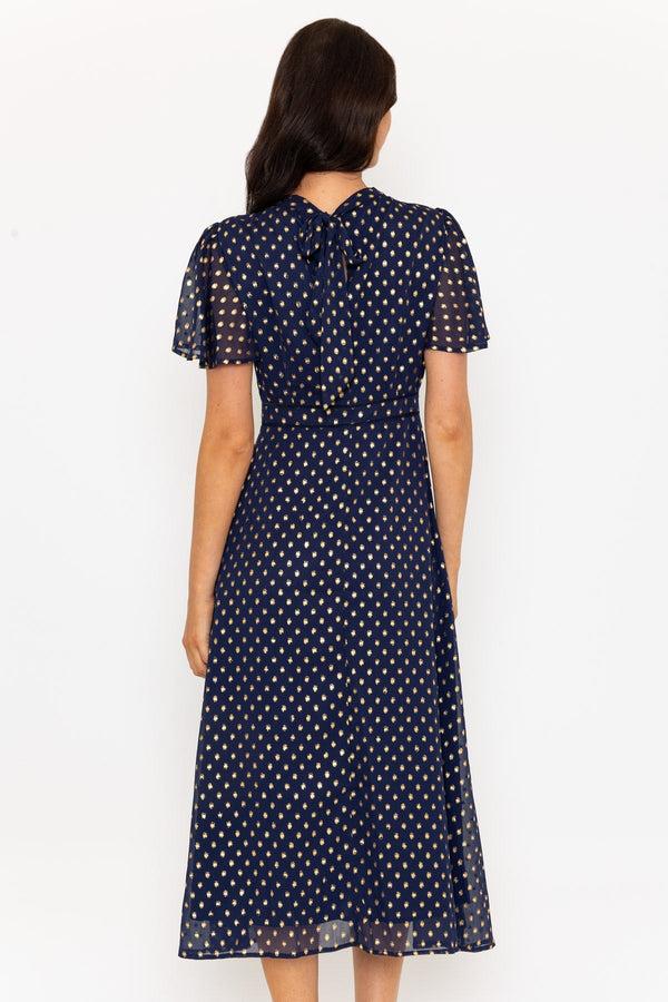 Carraig Donn Short Sleeve Foil Polka Dot Midi Dress In Navy