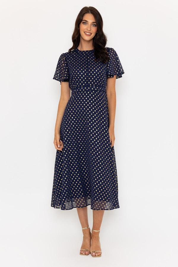 carraig donn Short Sleeve Foil Polka Dot Midi Dress in Navy