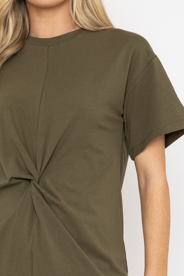 Carraig Donn Short Sleeve Khaki Midi Dress With Twist Detail