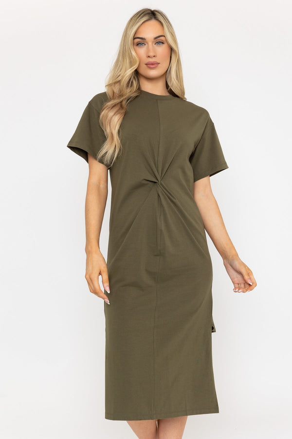 Carraig Donn Short Sleeve Khaki Midi Dress With Twist Detail