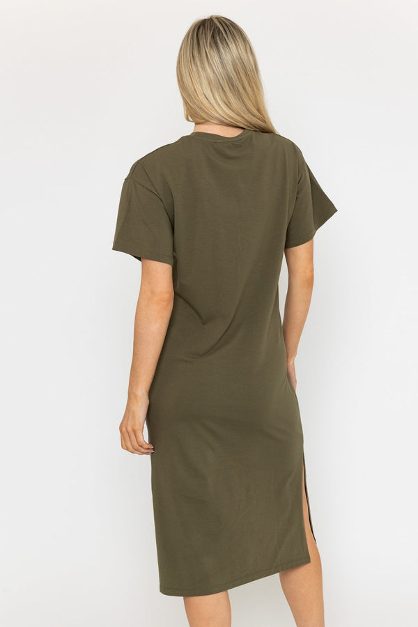 Carraig Donn Short Sleeve Khaki Midi Dress With Twist Detail