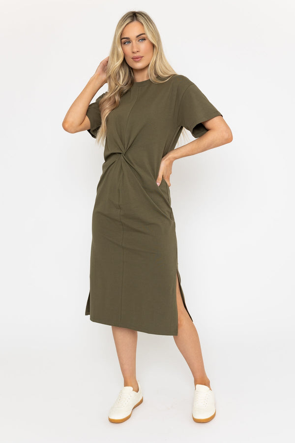 carraig donn Short Sleeve Khaki Midi Dress with Twist Detail
