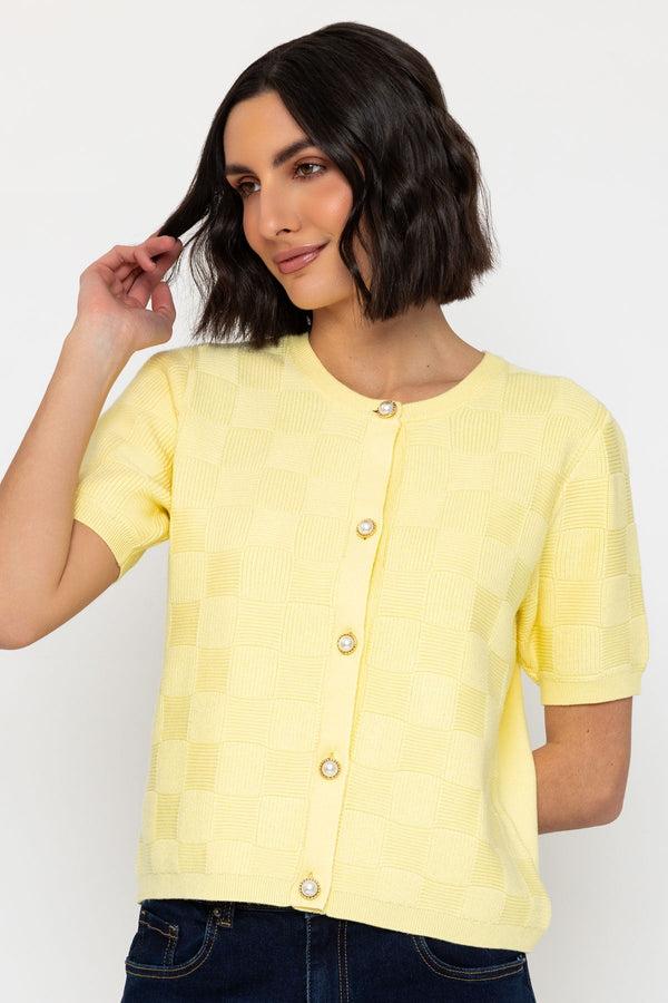 Carraig Donn Short Sleeve Knit Cardigan In Lemon Yellow