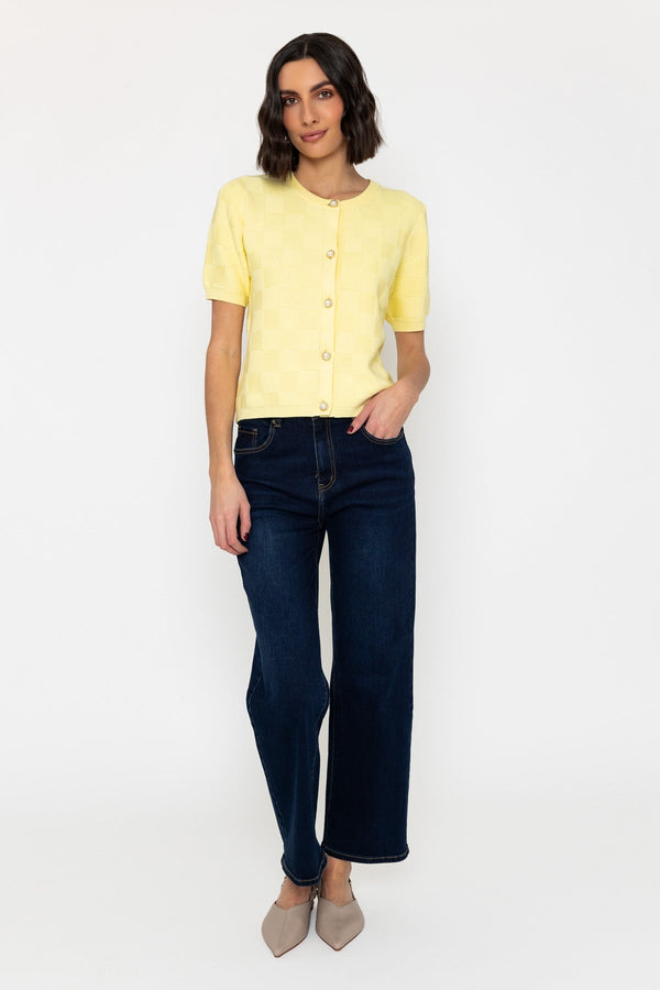 carraig donn Short Sleeve Knit Cardigan in Lemon Yellow