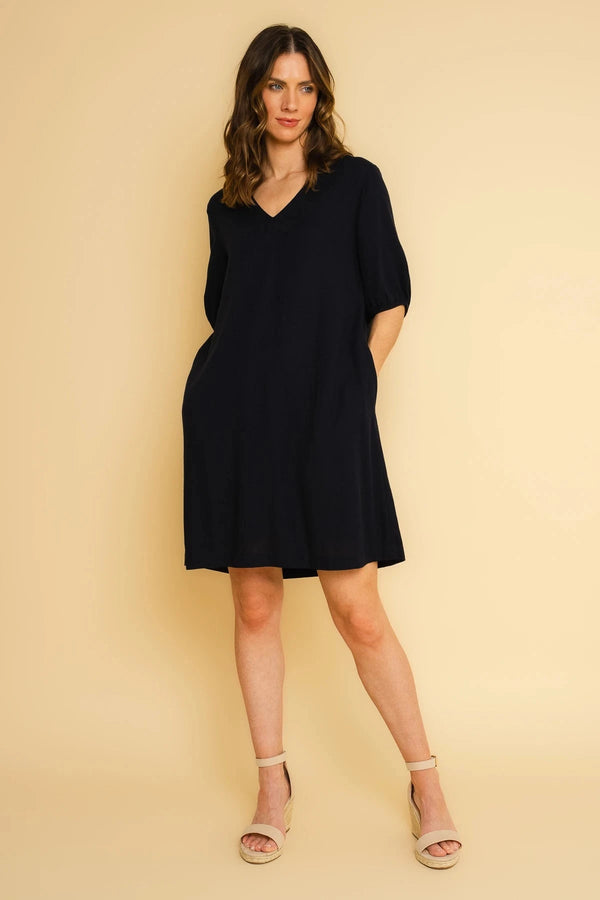 carraig donn Short Sleeve Linen Blend Shift Dress in Navy