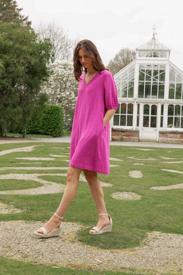 Carraig Donn Short Sleeve Linen Blend Shift Dress In Pink