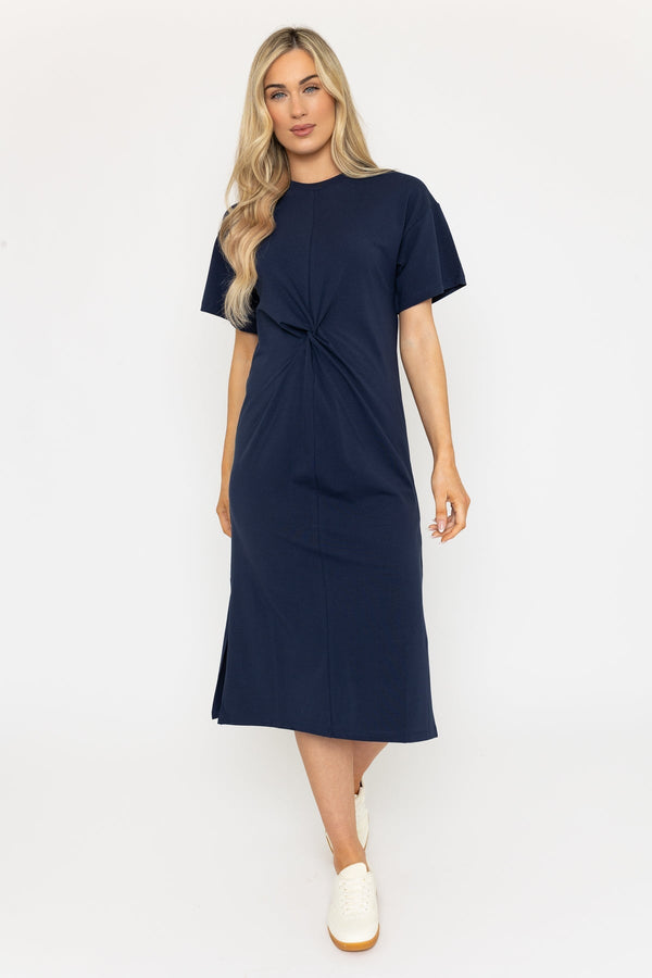 Carraig Donn Short Sleeve Navy Midi Dress With Twist Detail