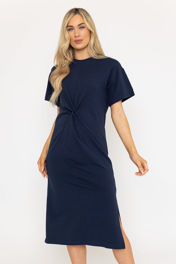Carraig Donn Short Sleeve Navy Midi Dress With Twist Detail