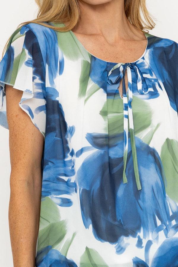 Carraig Donn Short Sleeve Navy Printed Blouse With Tie Neck